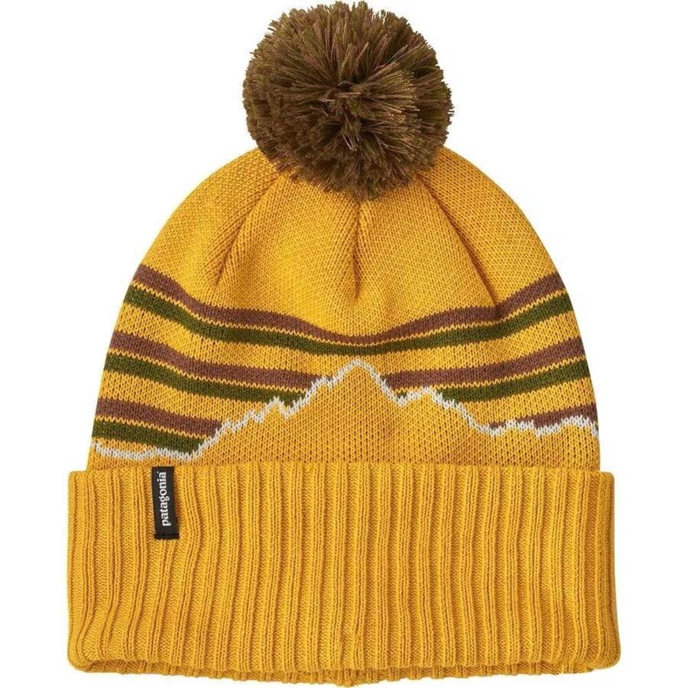 Patagonia Powder Town Beanie Fitzy Stripe Knit Gold Pom Pom NWT One Size Unisex